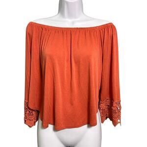 Haute Monde Cropped Off The Shoulder Shirt Womens Large Lace Flowy Feminine Boho